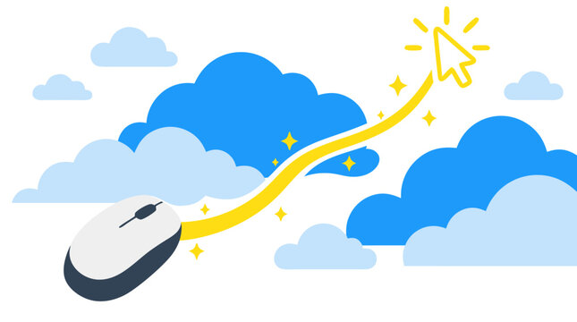 Computer mouse soaring through light blue sky leaving a curved yellow trail that points toward a shining arrow cursor among clouds, online growth and digital speed flat vector illustration