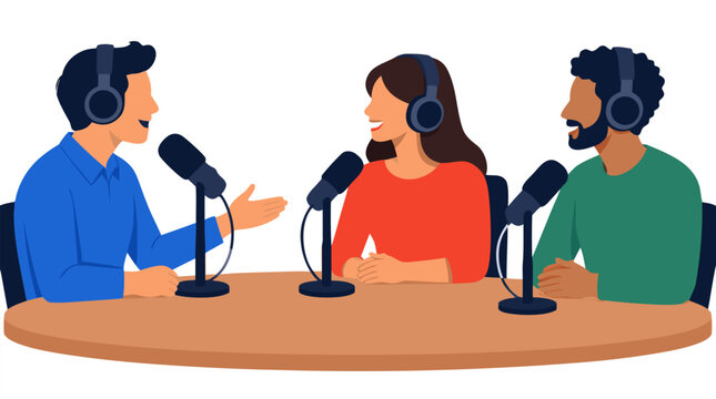 Radio host in blue shirt wearing headphones interviewing two smiling studio guests at an oval desk with standing microphones, podcast broadcasting session flat vector illustration on white