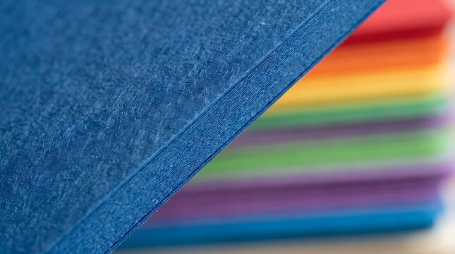 Vibrant colorful paper stack macro photography with shallow depth of field showcasing textured blue cover sheet over rainbow layers for creative design projects.
