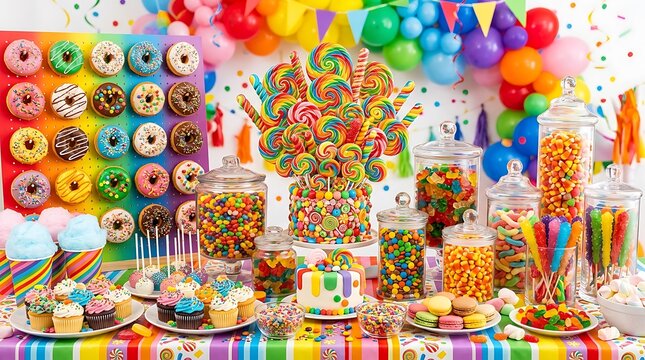 Vibrant and colorful birthday candy buffet table with sweet donuts lollipops cupcakes colorful balloons and jars full of delicious sugary treats for kids party.