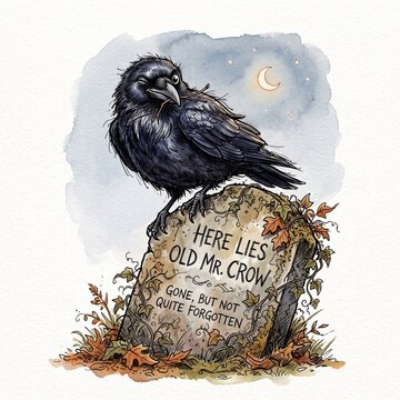 A black crow winks while perched atop a weathered stone grave marker at night time with sitting tombstone covered under crescent moon