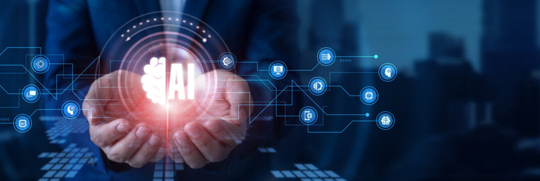 Data scientist holding Artificial Intelligence icon and machine learning neural network automation process model analytics. Smart tech future.