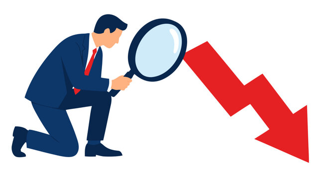 Analytical vector illustration of a kneeling businessman holding a large black magnifying glass to inspect a steep downward red zigzag arrow on a spotless clean solid white background