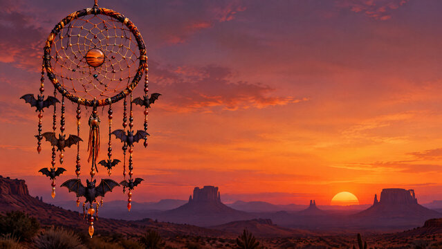 Gothic dreamcatcher with bat charms at sunset, mystical desert landscape with buttes, spiritual dream catcher in orange twilight