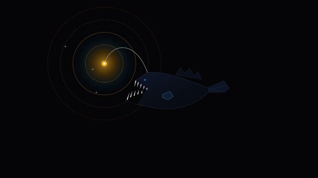 Deep sea anglerfish glowing in the dark ocean depths with sharp teeth and bioluminescent lure
