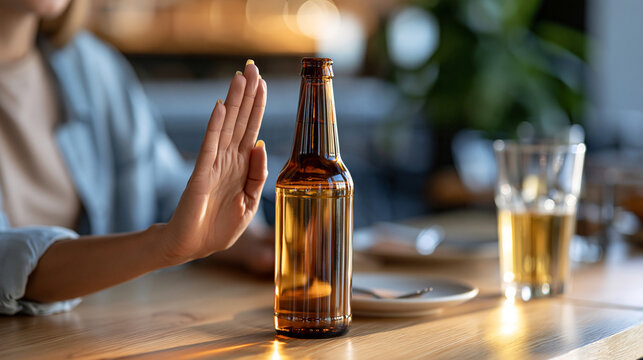 Woman making a firm stop gesture toward a bottle of beer on a caf&eacute; table, alcohol refusal, self-control, health-conscious lifestyle, addiction prevention, social campaign, with