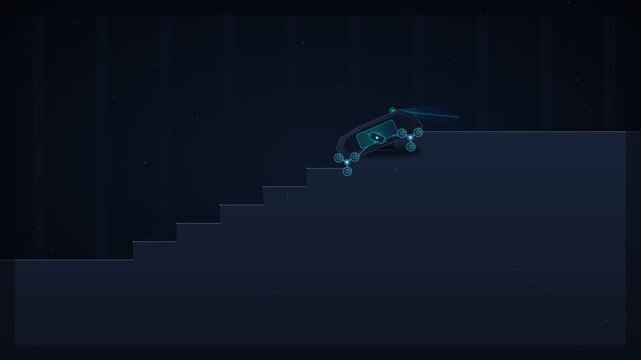 Advanced four-legged robotic dog walking up a flight of stairs in a dark futuristic environment