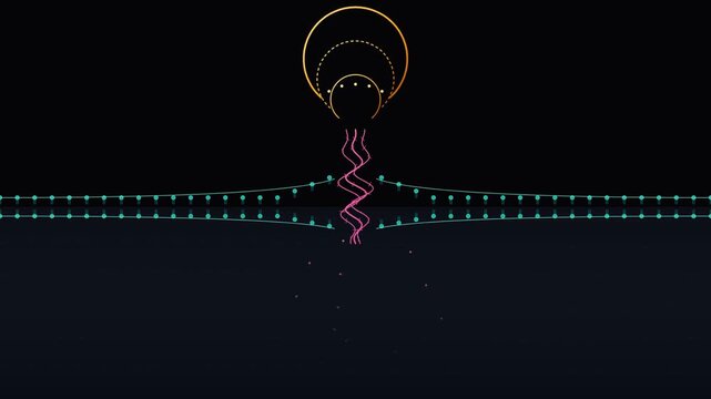 Abstract scientific illustration of molecular structure and DNA strand on dark background