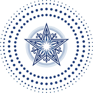 Ornamental star symbol with concentric halftone dot circles on white background