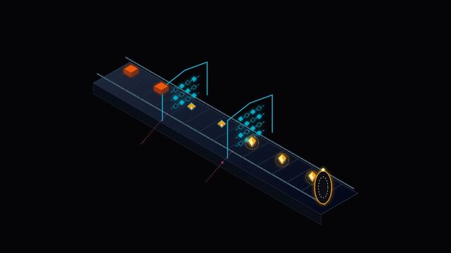 Futuristic automated conveyor belt processing glowing data packets in cyberspace