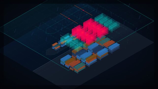 Futuristic digital logistics interface showing container ship and cargo tracking in neon blue and red lights