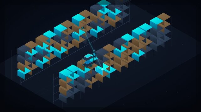 Abstract digital data visualization with isometric glowing cubes and matrix blocks