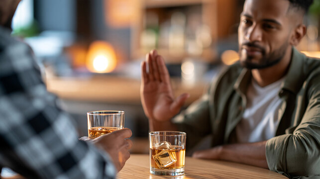 Two friends at a bar, one offering a drink and the other confidently refusing with an open palm, peer pressure, friendship, alcohol awareness, personal boundaries, with copy space