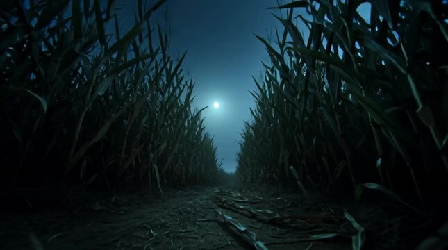 Atmospheric night view of a rural cornfield row under a bright full moon light in a dark blue sky