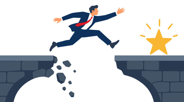Daring businessman in a navy suit leaping across a wide gap over a crumbling stone bridge toward a glowing golden star, taking courage and career risks concept flat vector illustration