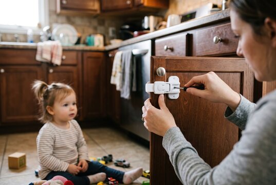 A caregiver installs a safety lock on a kitchen cabinet. A toddler sits on the floor surrounded by toys and watches intently. The setting is a cozy kitchen