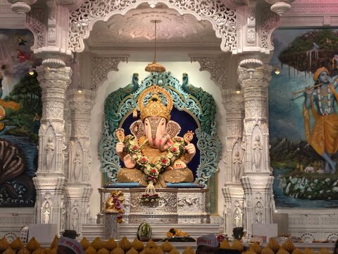 14 September 2026, Pune, Maharashtra, India, Beautiful Decoration for Lord Ganesh called as Dagdusheth Halwai Ganpati near Pune, Mandai location during Ganesh Utsav.