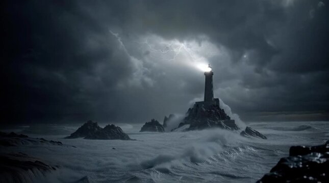 A solitary lighthouse stands tall against a stormy sea, its beacon cutting through the dark, turbulent waves and illuminating the rugged coastline