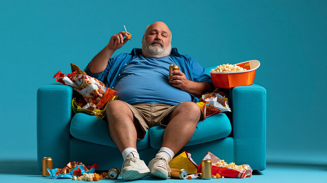 Middle-aged man sitting on a sofa surrounded by snack wrappers and beer cans, excessive drinking, overeating, obesity risk, sedentary lifestyle, health awareness, with copy space