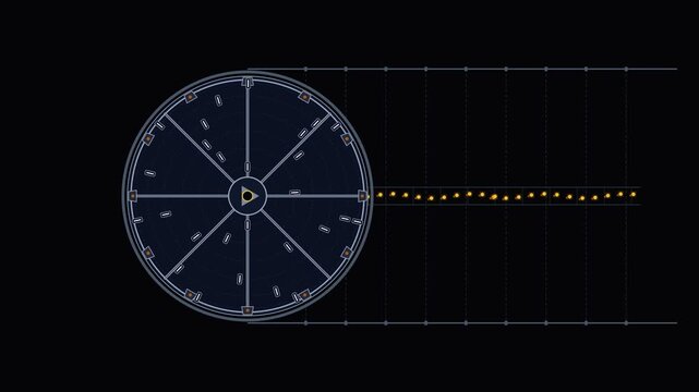 Abstract futuristic gear mechanism with glowing lights and technical data diagrams on dark background