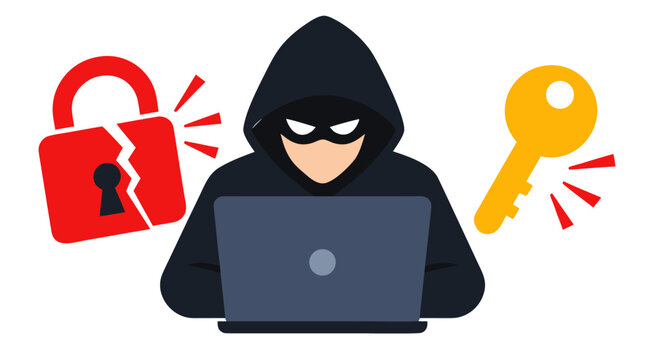 Masked cyber hacker in a dark hooded sweatshirt using a laptop computer flanked by a cracked red padlock and a golden key, data privacy security breach threat concept flat vector illustration