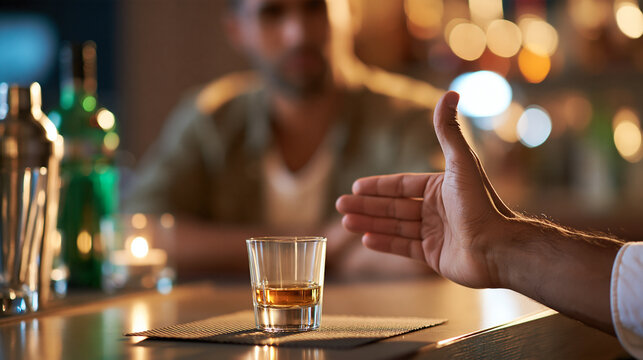 Young man refusing a whiskey shot at a nightclub bar, nightlife sobriety, peer pressure, self-confidence, alcohol awareness, healthy decision, addiction prevention, with copy space