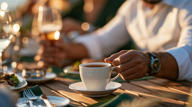Man choosing a cup of coffee instead of beer during an evening social gathering, alcohol-free lifestyle, healthy alternative, sobriety, conscious living, social confidence, with