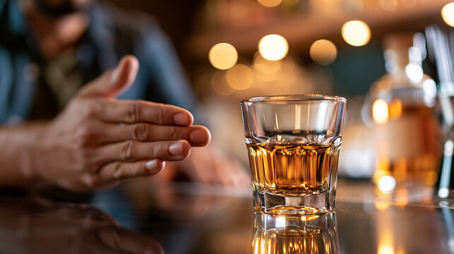 Young man refusing a whiskey shot at a nightclub bar, nightlife sobriety, peer pressure, self-confidence, alcohol awareness, healthy decision, addiction prevention, with copy space