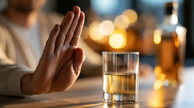 Close-up of young adult man&rsquo;s hand making a stop sign in front of a liquor bottle, anti-alcohol awareness, addiction prevention, sobriety, personal responsibility, health