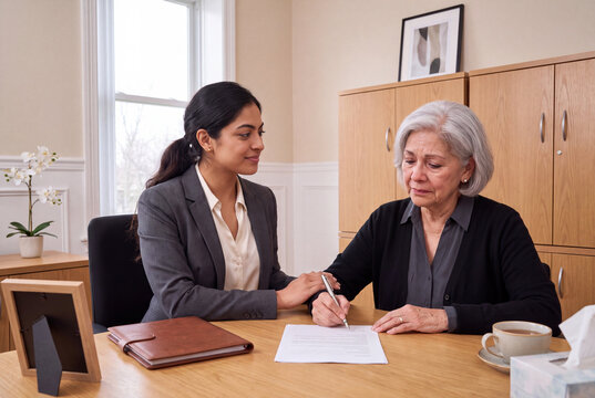 Compassionate young Indian female notary comforting senior Hispanic widow signing succession documents at desk in bright notary office. Inheritance, estate settlement, bereavement support