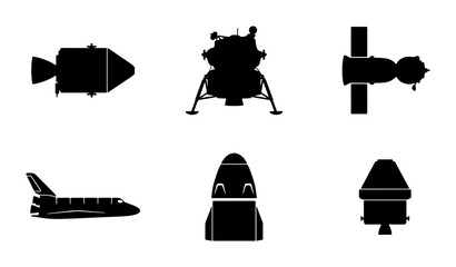 Spacecraft Silhouettes: Rocket, Lander, Shuttle, Capsule Icons for Cosmic Exploration © Radha