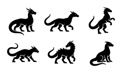 Obraz premium Mythical Dragon Silhouettes, Fantasy Creature Icons, Black Vector Art for Legends and Folklore