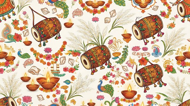 Traditional durga puja festival pattern featuring elephants and floral motifs on light fabric background