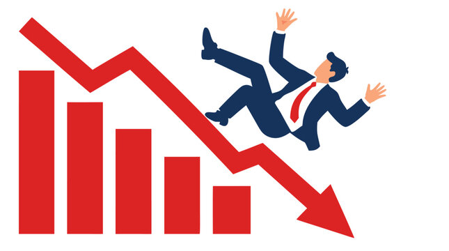 Businessman in dark navy suit with red tie tumbling backward in midair alongside a collapsing red zigzag trend line and declining bar chart arrow, financial crisis flat vector illustration on white