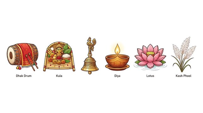 Durga Puja icon set featuring traditional Hindu deities and ritual items for cultural and religious presentations