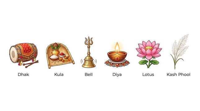 Durga Puja festival icons depicting traditional deities and symbols for cultural and religious presentations
