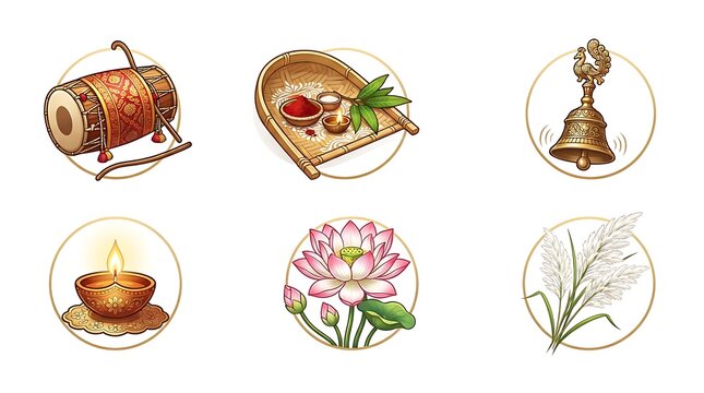 Handcrafted durga puja icons depicting traditional hindu deities, ritual items, and floral offerings
