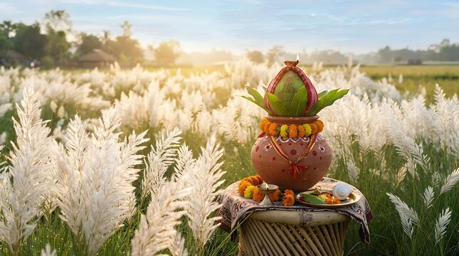 Handcrafted clay pot with coconut and tropical leaves displayed on wooden stump in sunlit meadow
