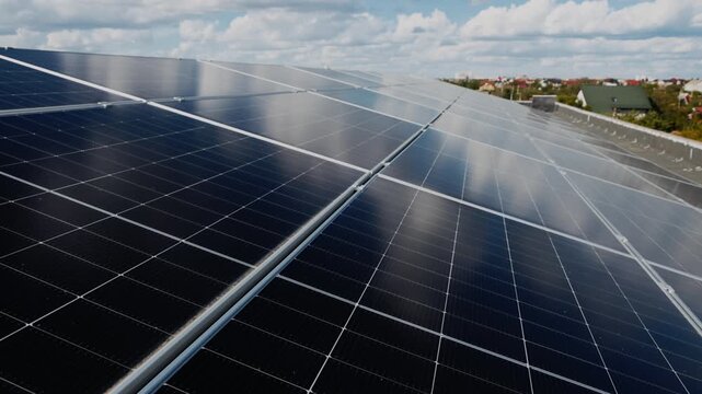 Close view of a photovoltaic array demonstrating clean energy technology and sustainable electricity generation.