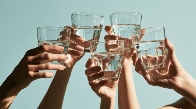 Celebration with multiple hands holding glasses of water against a light background