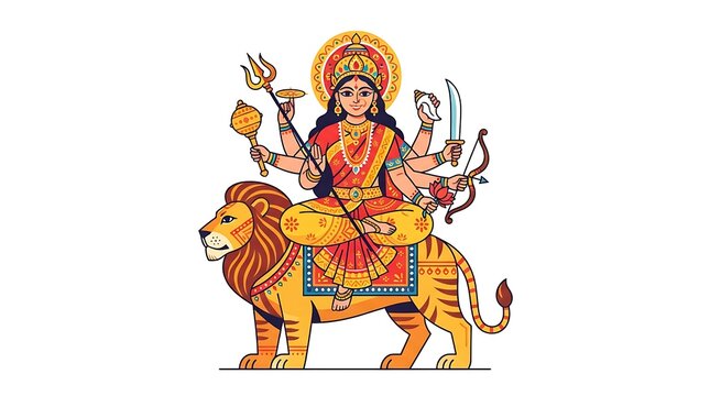 Hindu goddess durga riding lion in traditional iconographic style with intricate detailing