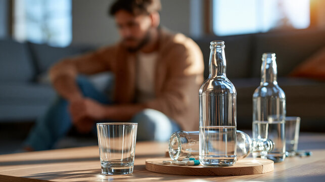 Depressed man sitting on the floor beside empty bottles after drinking alone, emotional isolation, alcoholism, mental health awareness, addiction consequences, recovery support,