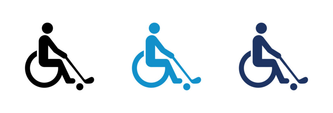 Para Ice Hockey Icons Set Featuring Disabled Athletes in Wheelchairs with Hockey Sticks.