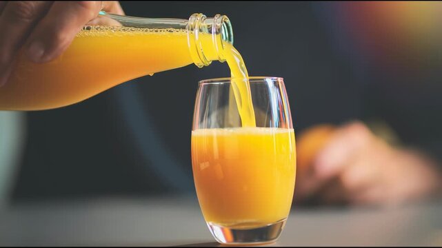 Freshly squeezed orange juice is poured from a glass bottle into a clear glass; close-up shot.
The process of pouring vibrant citrus juice from a bottle into a glass for a refreshing breakfast.