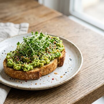 Detailed close-up on avocado toast with sesame seeds, chili flakes, and sprouts, showing rich textures under natural light and soft blur, toasted, seasoning, nutritious