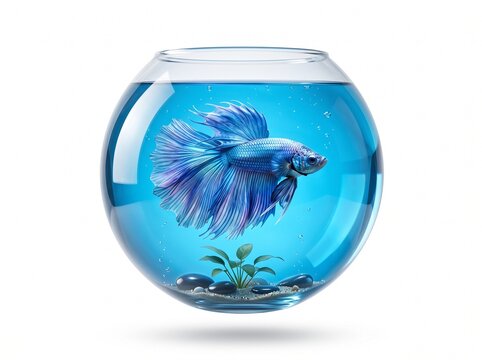 Vibrant blue betta fish swimming inside a round glass fishbowl isolated on white background