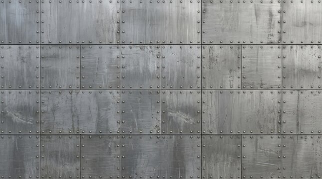 Seamless industrial metal texture background. Grey metallic panel pattern with subtle weathering, rivets, and natural light. High resolution, screws, rough, architectural
