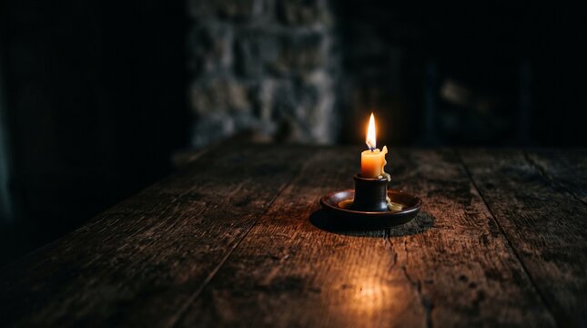 Single lit candle in a dark room on a rustic wooden table with stone wall background