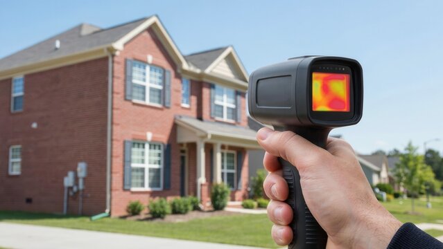 Handheld thermal imaging camera scanning a residential brick house for energy efficiency inspection