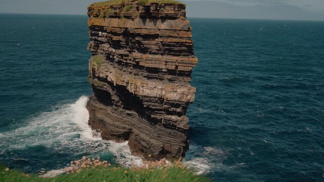 dun Briste, a dramatic 45-metre sea stack rising from the Atlantic beside Downpatrick Head on the north coast of County Mayo, Ireland - County Mayo, Ireland - 31 August 2026.